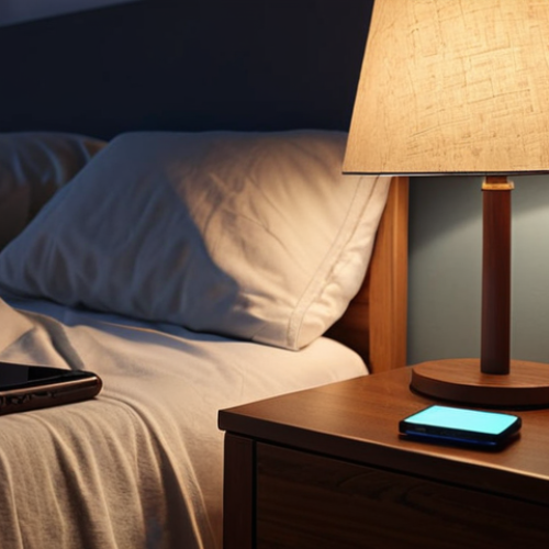 **A serene bedroom scene at night. Soft, diffused lighting highlights a person sleeping peacefully. In the background, subtle digital detox elements are visible: a phone face down on a nightstand, an open book, and a calming aromatherapy diffuser. The overall mood is restful and promotes sleep.**