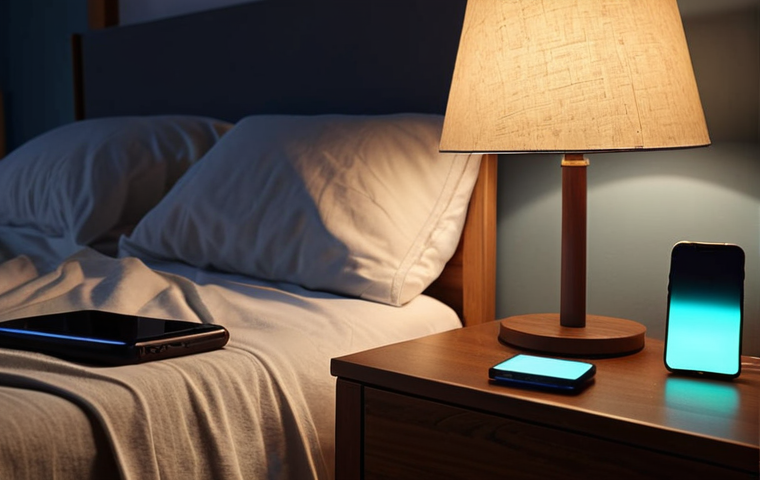 **A serene bedroom scene at night. Soft, diffused lighting highlights a person sleeping peacefully. In the background, subtle digital detox elements are visible: a phone face down on a nightstand, an open book, and a calming aromatherapy diffuser. The overall mood is restful and promotes sleep.**